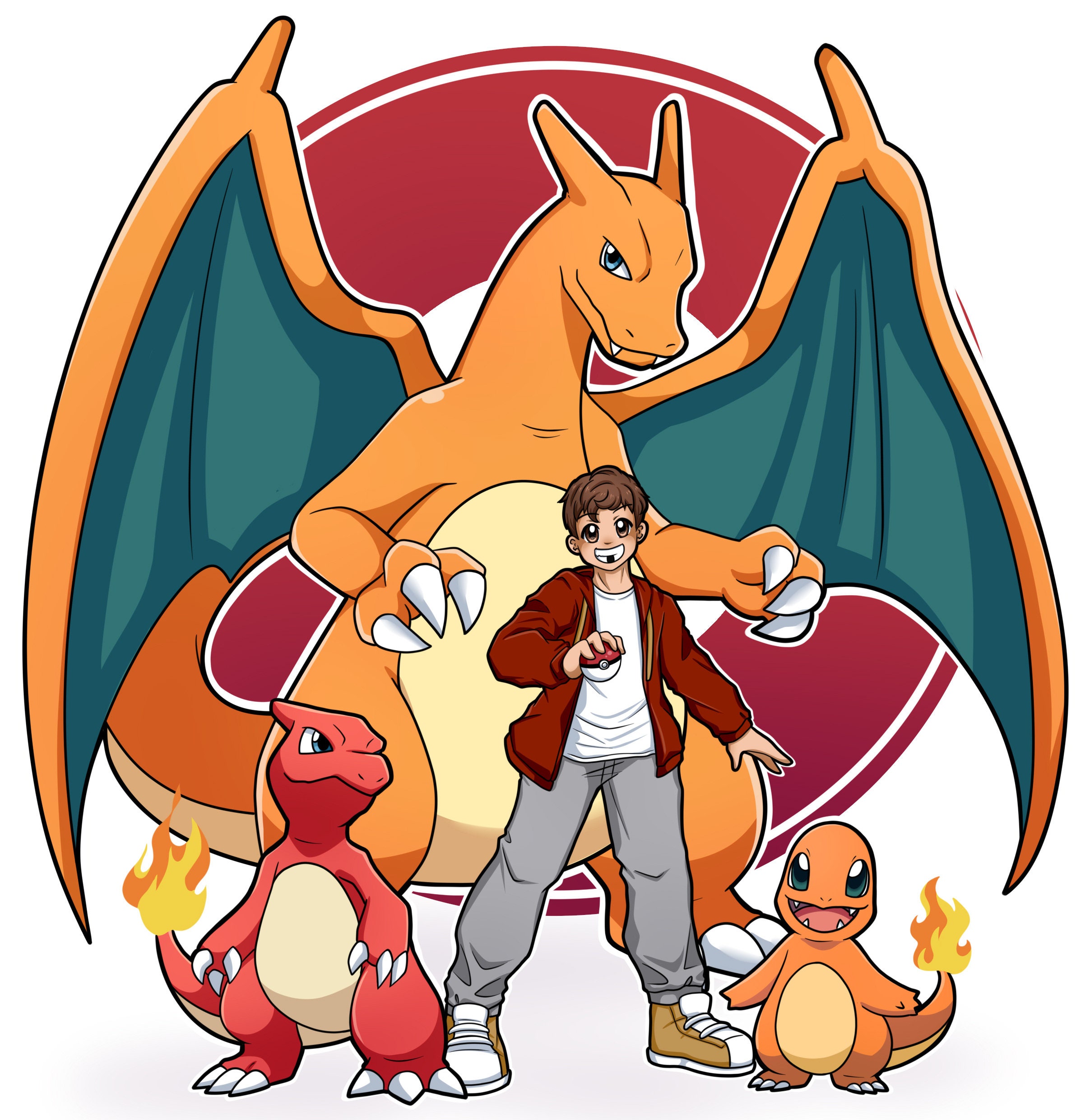 Red trainer pokemon pose white background