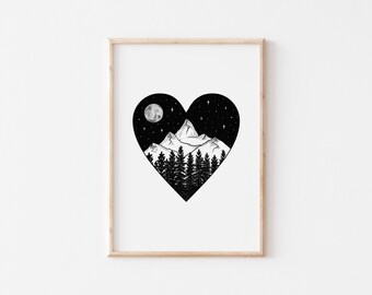 Mountain heart landscape print A4 A5 | Adventure Art | Gifts for adventurous people | Valentine's gift for outdoorsy people | travel gift