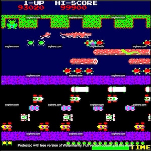 Puede incluir: Una pantalla de videojuego retro con un personaje de rana verde, un cocodrilo rosa y un fondo morado y verde. La puntuación es 93020 y la puntuación más alta es 99900. El texto "Protegido con la versión gratuita de Watermarky. La versión completa no pone esta marca." está en la parte inferior de la pantalla.