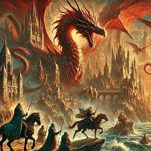 以下が含まれることがあります： 広げた翼を持つ燃えるような赤いドラゴンが、中世の街の上空を飛んでいる。ドラゴンの鱗は鮮やかな赤で、目は強烈な光を放っている。街は石造りで、高い塔や尖塔がそびえ立っている。空は燃えるようなオレンジと黄色で、太陽は遠くの地平線に沈みかけている。