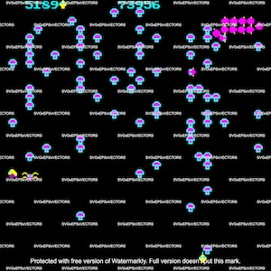 May include: A retro-style video game screen with a score of 5189 and 7396. The game features a yellow character and pink and blue mushrooms. The text "Protected with free version of Watermarkly. Full version doesn't put this mark." is at the bottom of the screen.