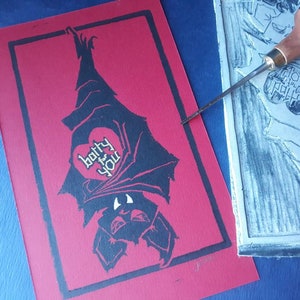 Batty for You Handmade Lino Print Valentine&#39;s Anniversary Love