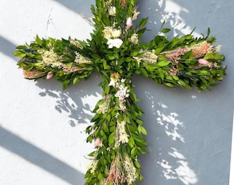 Myrtle and Dried Pink Bouquet Cross Wreath | Spring Wreath | Cross Wreath| Easter | Live Wreath | Cross Door Wreath |Wreath
