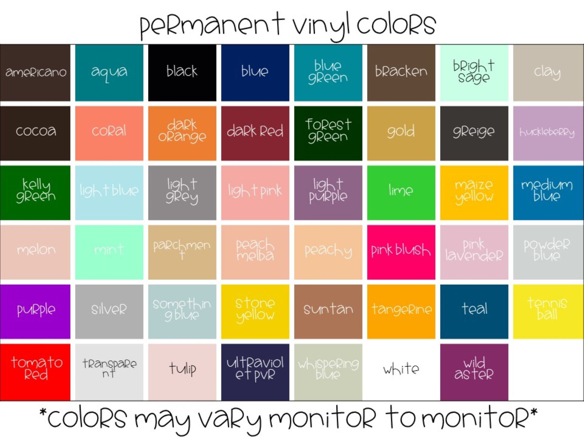 Everyday Iron on Vinyl HTV Color Swatches / Palette / Chart 