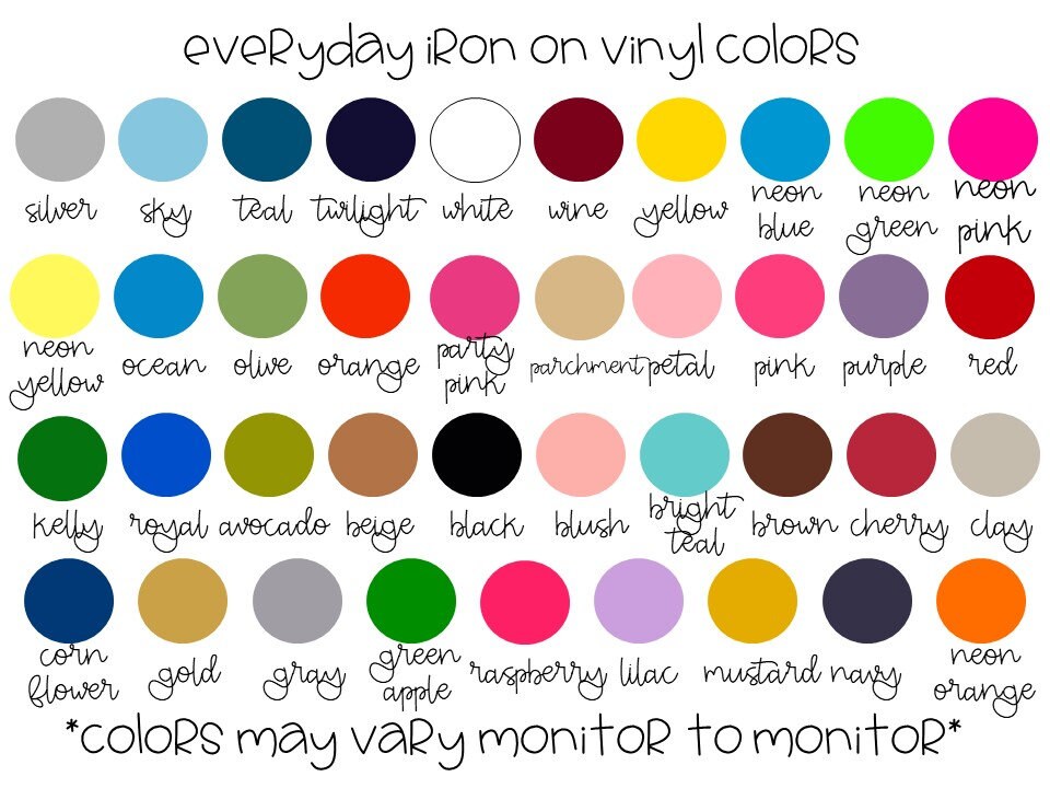 Everyday Iron on Vinyl HTV Color Swatches / Palette / Chart 