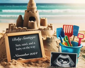 Zomer strand zwangerschap aankondiging - aanpasbaar, bewerkbaar, Baby Reveal, Ocean Theme Expecting Card, Sonogram Reveal, Digitale Download