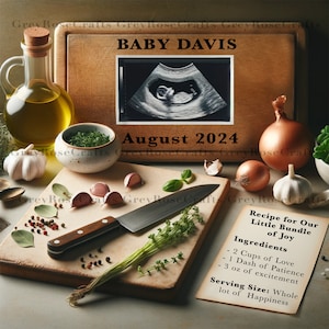 Iets speciaals koken: zwangerschaps-sonogram aankondiging digitale download, bewerkbaar, aanpasbaar, in verwachting van een babychef, mise-en-place