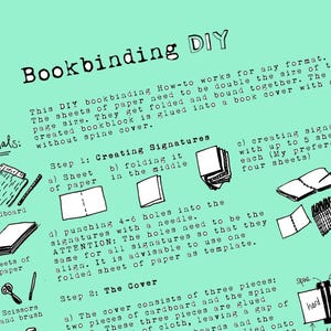 Op de afbeelding: Geïllustreerde doe-het-zelf boekbindgids. Toont materialen zoals karton, papier, schaar en een penseel. Instructies omvatten het maken van katernen, het vouwen van papier en het maken van een omslag. Tekst: "Bookbinding DIY".