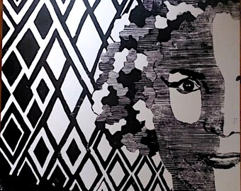 Retrato delante de diamantes / Impresión linográfica A3 sobre papel de dibujo reciclado de 140 g/m