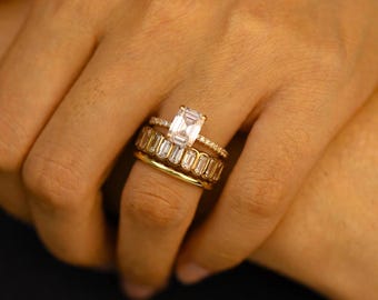 3 Piece Bridal Ring Set, 2CT Emerald Cut Cubic Zirconia Engagement Ring with Wedding Bands, 925 Sterling Silver Gold Plated
