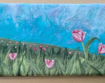 Tulip field, 10” x 20”, Original needle felted wool, wrapped on canvas