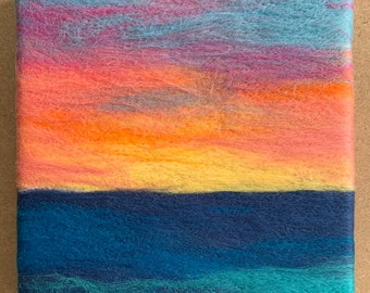 Sunset on water, 8” x 8” x 1”, Original needle felted wool, wrapped on canvas