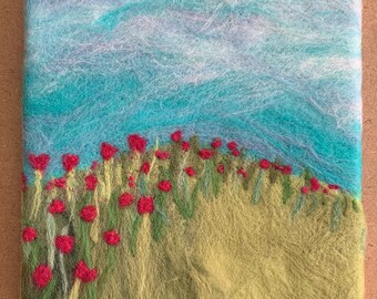 Hot pink flower field, 8” x 8” x 1”, Original needle felted wool, wrapped on canvas