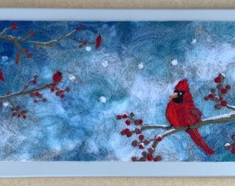 Cardinals in the snow, Original needle felted wool, mounted on 10” x 20” canvas