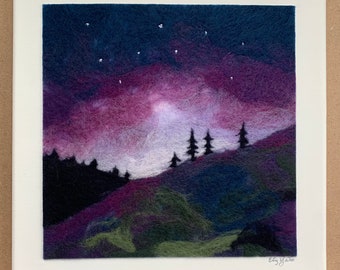 Night Sky, Original Needle felted wool on canvas, 12”
