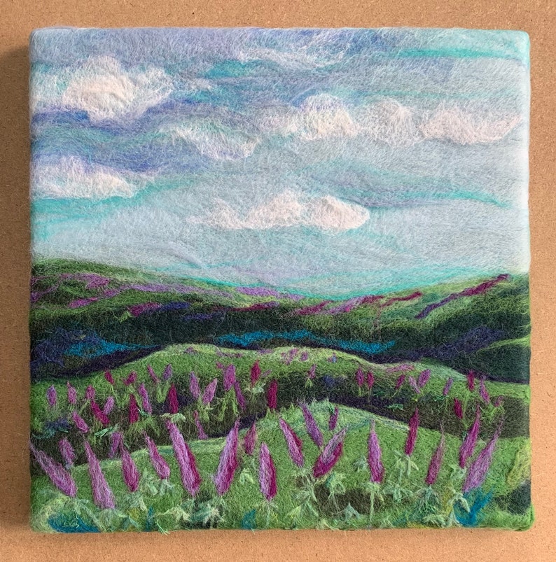 Fields of Lupines, 12 x 12 x 1, original needle felted wool image 1