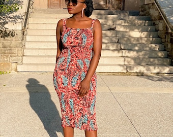 African print shirred dress / smoked midi gown / Ankara summer dress/ gift for women /African dress for women / short dresses / plus size