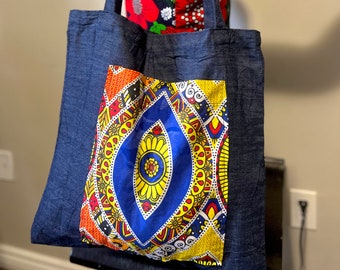 African Print Denim Tote Bag: Ankara Shopping Bag