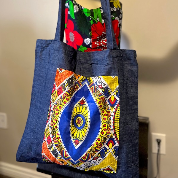 African print tote bag | ankara bags for women | denim tote bag | shopping bag|beautiful tote bag | reusable shopping bag