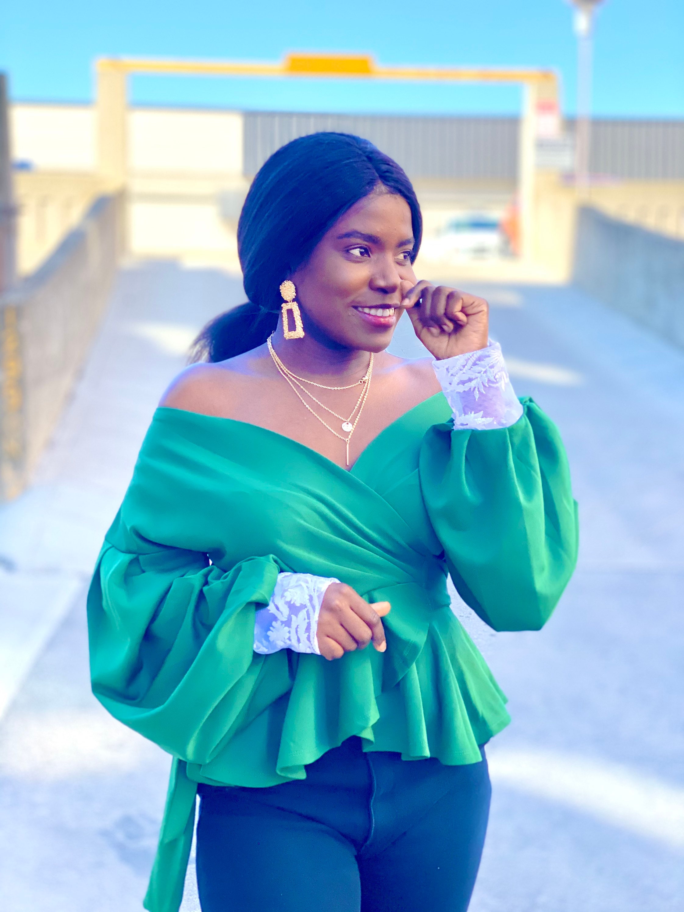 Emerald Green Wraptop: Puffy Sleeve Off-shoulder Blouse - Etsy
