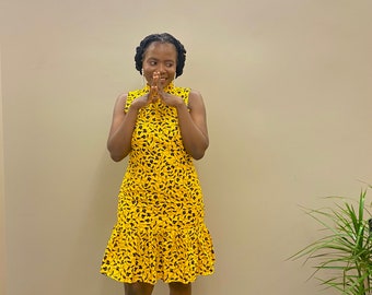 African Print Halter Neck Short Dress: Cotton Wax, Sleeveless