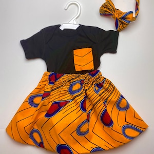 African Print Baby Outfit: Ankara Top, Skirt & Headband