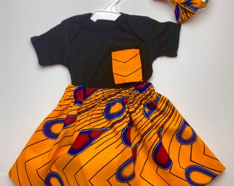 African Print Baby Outfit: Ankara Top, Skirt & Headband
