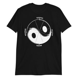 May include: Black t-shirt with a white yin yang symbol and the words "Thinking", "Sensation", "Feeling", and "Intuition" around the symbol.