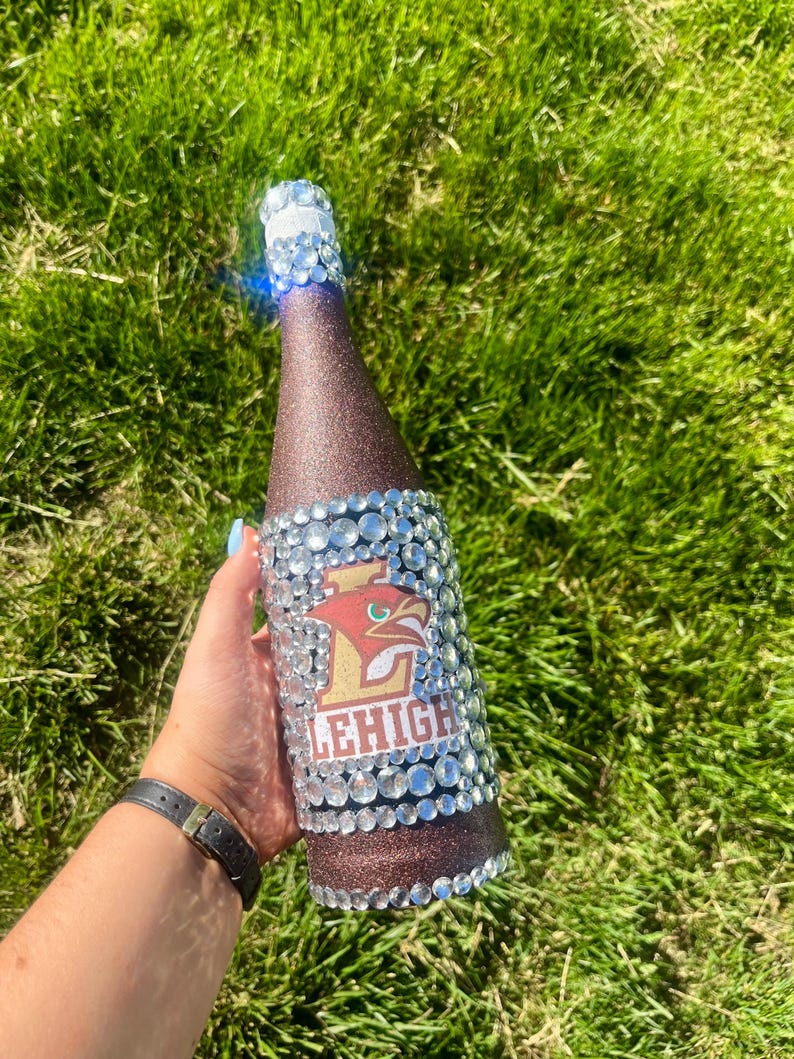 Lehigh University bottle with brown glitter.