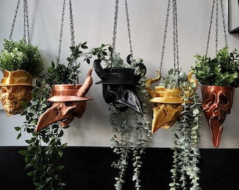 Plague Doctor Hanging Planter | skull, bird mask, gothic home decor, gothic interiors.