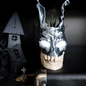 May include: A distinctive planter featuring a skull base and a metallic rabbit mask with glowing white eyes. The mask's long ears curve upwards. The skull has visible teeth and holds a small plant. The planter is on a black surface.