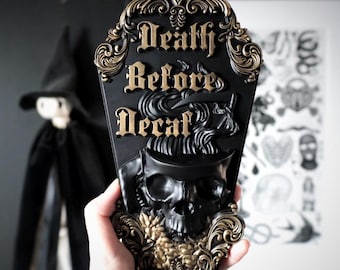 Death Before Decaf Skull Wall Hanging: Gothic Home Decor