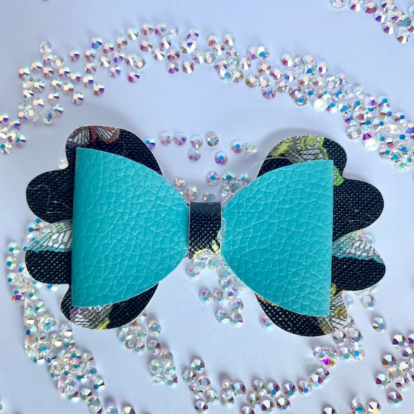 Turquoise and Black Butterfly Printed Bow