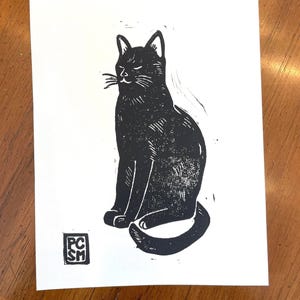 Sleepy Black Cat Handmade Linocut Block Print | 5x7 Mini Original Print