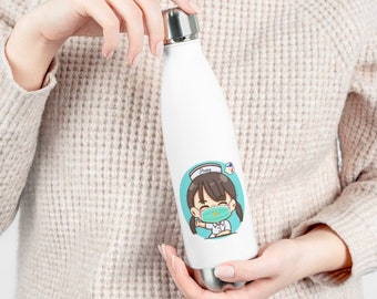 May include: White stainless steel water bottle with a cartoon image of a nurse wearing a face mask and a blue and white hat. The text "Nurse" is printed on the bottle.
