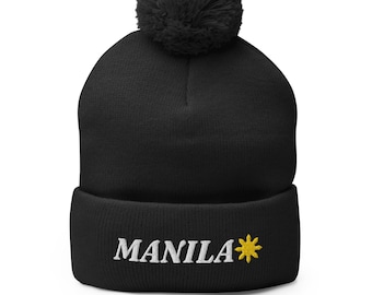 Manila Philippines Embroidered Pom Pom Beanie, Filipino Beanie, Filipinx, Pinoy, Pinay Winter Hat
