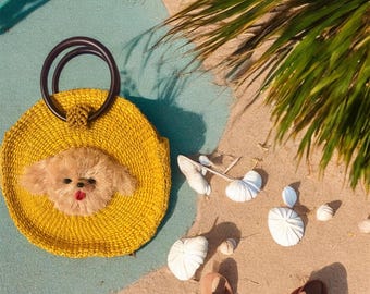 Abaca Round Bag with Dog Face, Handmade Wooden Handle Purse, Eco Friendly Woven Bag, Unique Dog Lover Gift, Filipino Handcrafted Tote