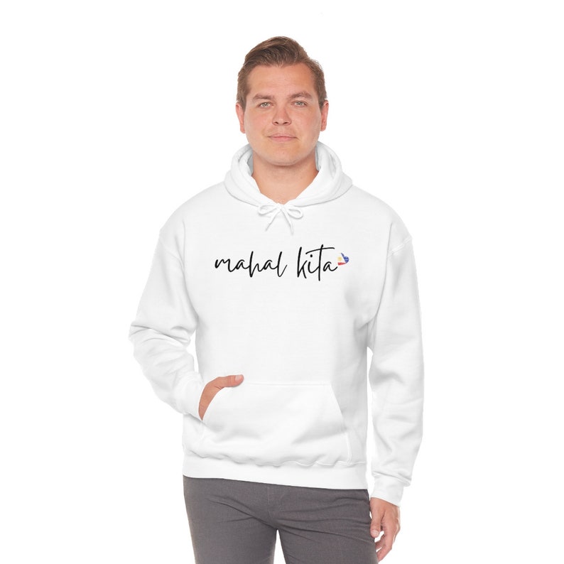 May include: White hooded sweatshirt with the text "mahal kita" in black script and a small Philippine flag graphic.