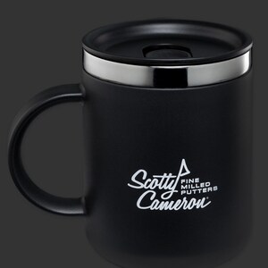 May include: Black travel mug with a silver lid and a white logo that says "Scotty Cameron Fine Milled Putters".