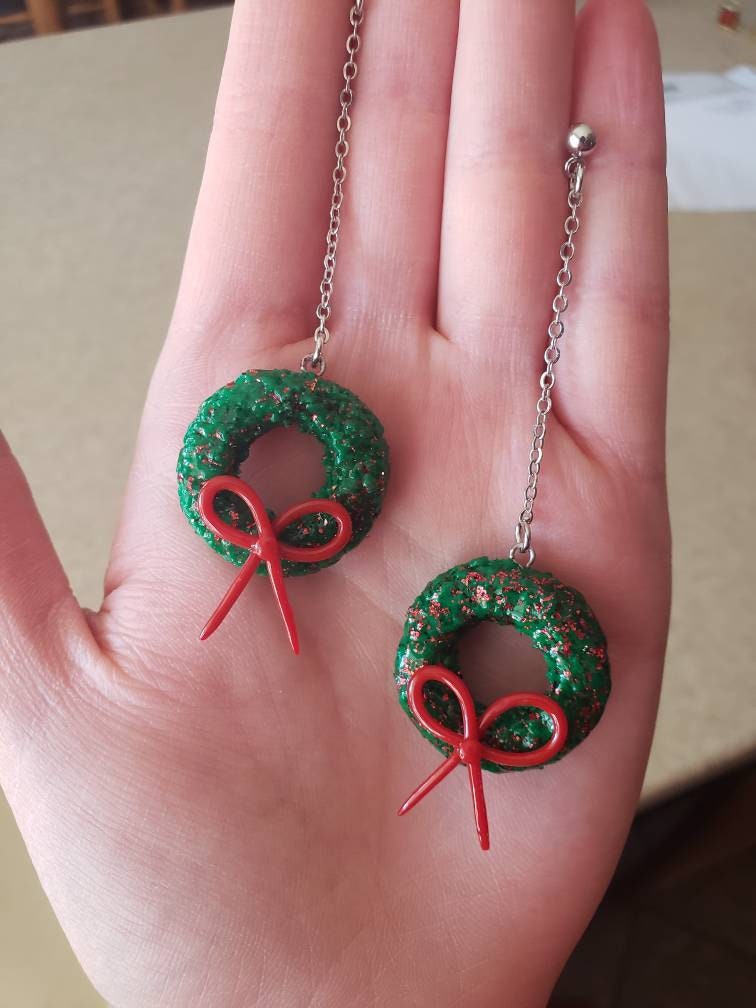 Christmas Wreath Drop Stud Earrings Etsy