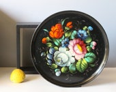 Vintage Russian Black Lacquered Tea Tray, Large