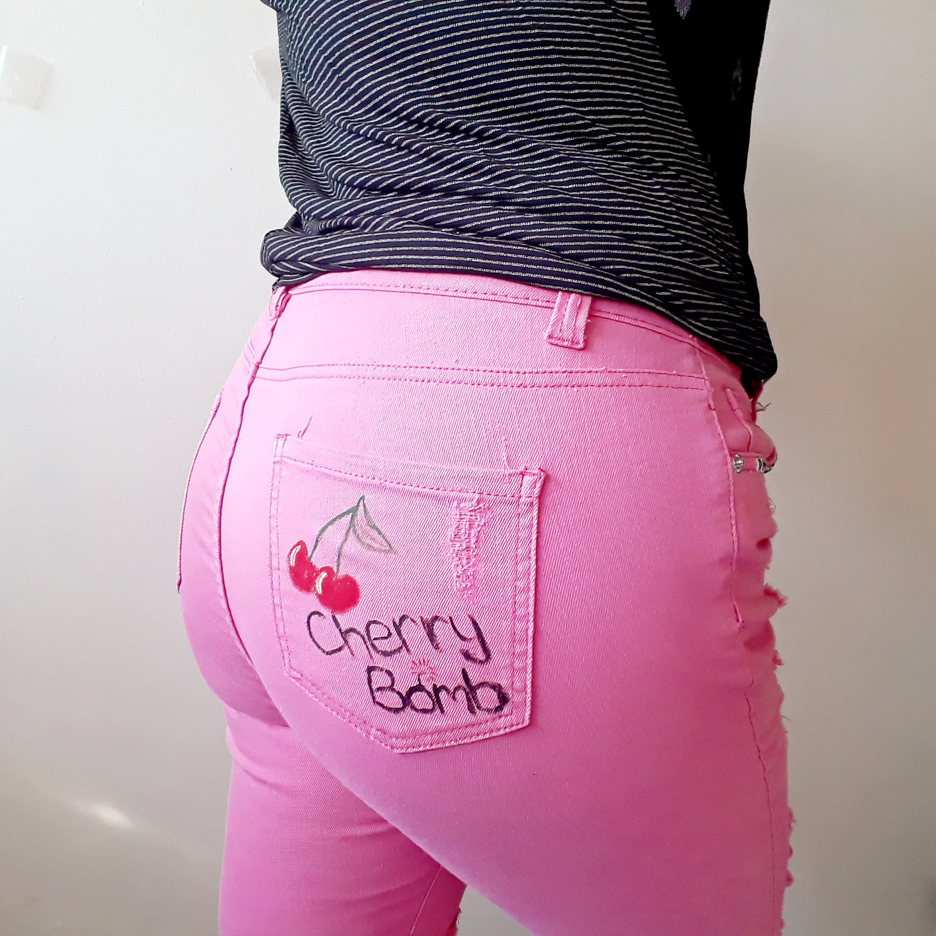 Cherry printed jeans cherry painted jeans pink jeans Etsy