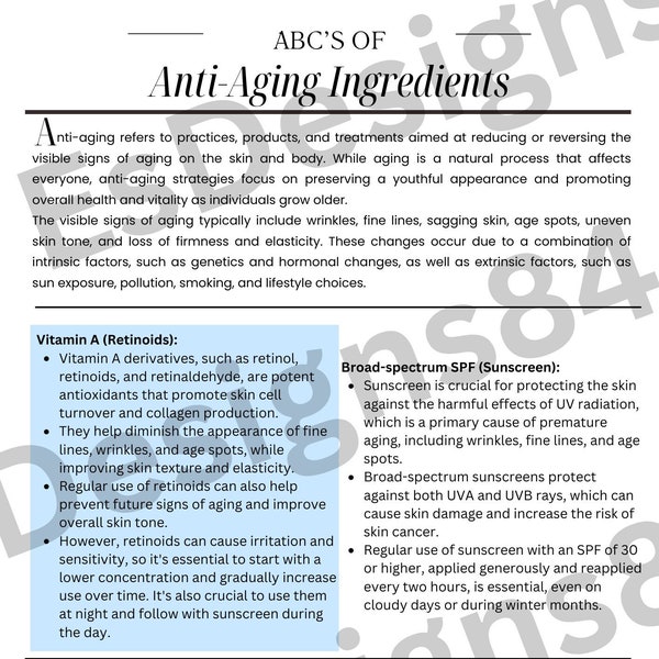 ABC's of Anti-Aging Ingredients, hand-out for estheticians