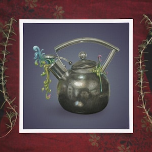 May include: A silver teapot with a whimsical design featuring green and blue floral accents against a purple background.