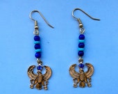 Egyptian Theme Earrings Horus in Falcon Form Holding Ankhs or Key of Life 18K. Gold Tone Genuine Beads