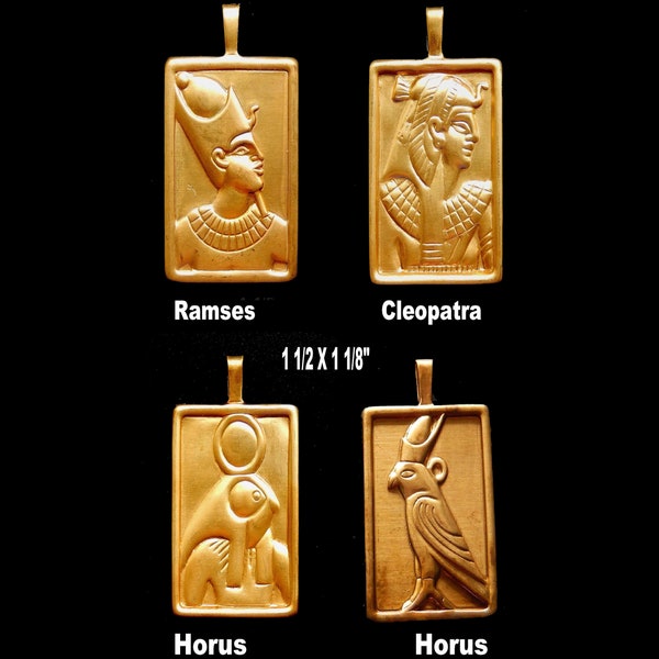 Vintage Design Raw Brass Stampings / Egyptian Queen Cleopatra / Ramses / Horus / Rectangle with Bail / 1 1/2" x 1 1/8"