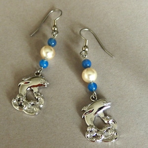 Dolphin Charm Earrings/ Fine Brass/ Silver Tone / Spanish Pearls and Blue Sodalite Beads / 2.25&quot;