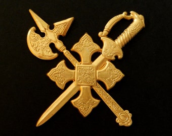 Battle Axe / Sword / Shield / Medieval Design / Raw Brass Stamping /Large 3.25" x 3.25"