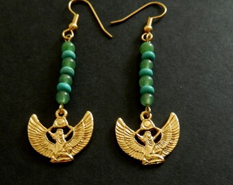 Small Isis Earrings / 18K. Gold Tone / Natual Bead Accents