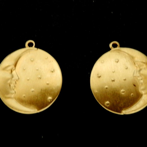 Vintage Design Raw Brass Stampings/ Moon and Stars / Disks with Loops /  Mirror Image Pairs